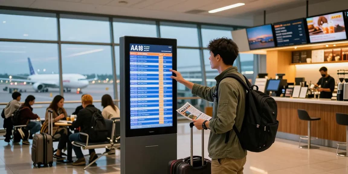 Traveler preparing for journey on AA 88 at airport terminal with luggage