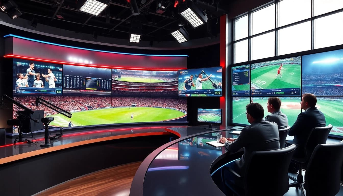 Engaging scene of sports broadcasting studio highlighting live scores and news discussions.