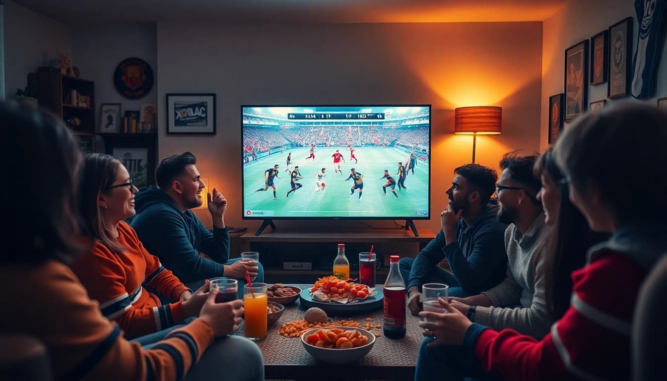 Xoilac TV fans enjoying a live football match in HD, showcasing excitement and community.