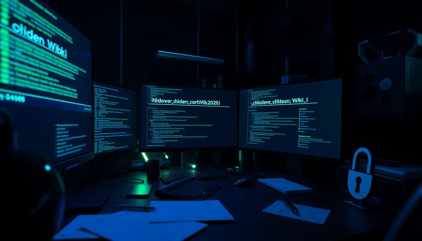 The Hidden Wiki 2026 dark web directory interface displayed on a tech workspace with glowing screens.