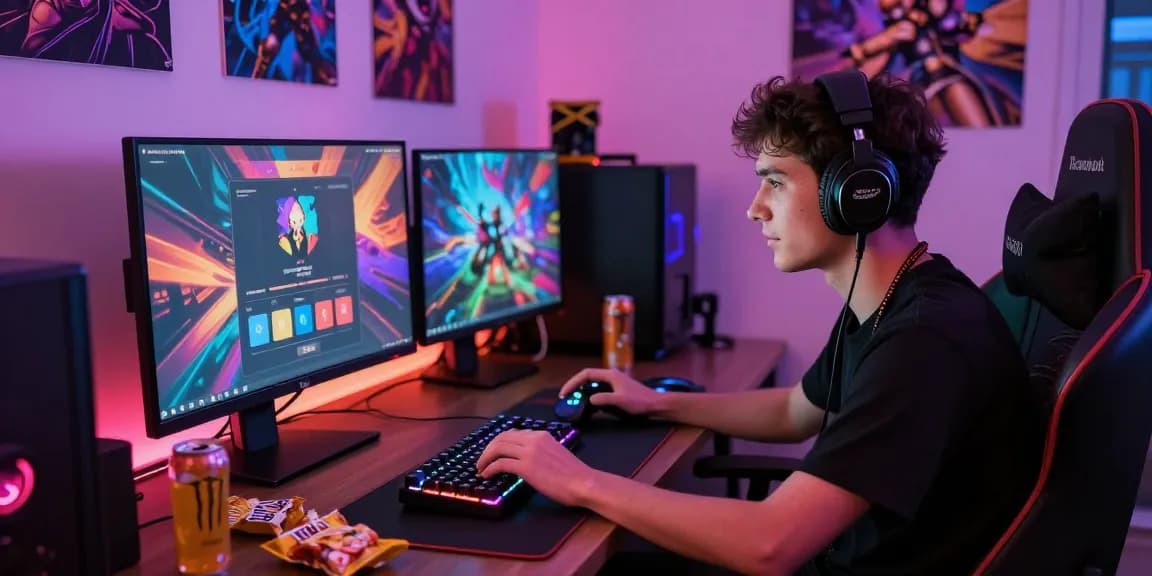 Raja Game login interface with a focused gamer surrounded by colorful gaming elements and snacks.
