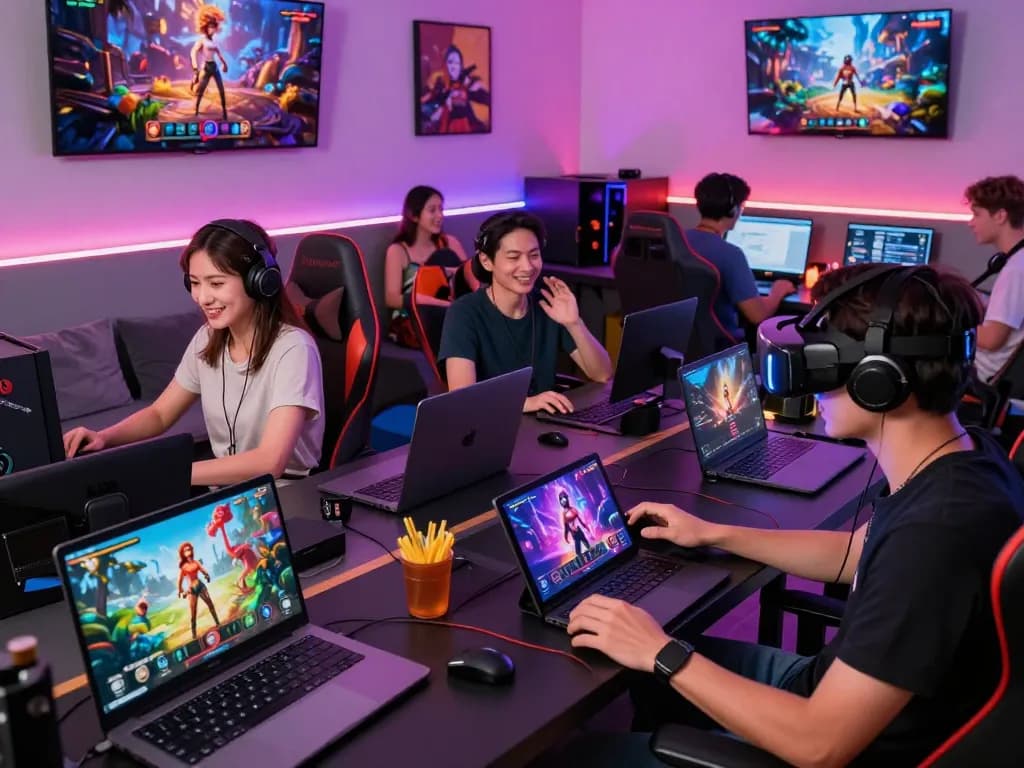 Adults playing engaging porngames in a vibrant gaming lounge.