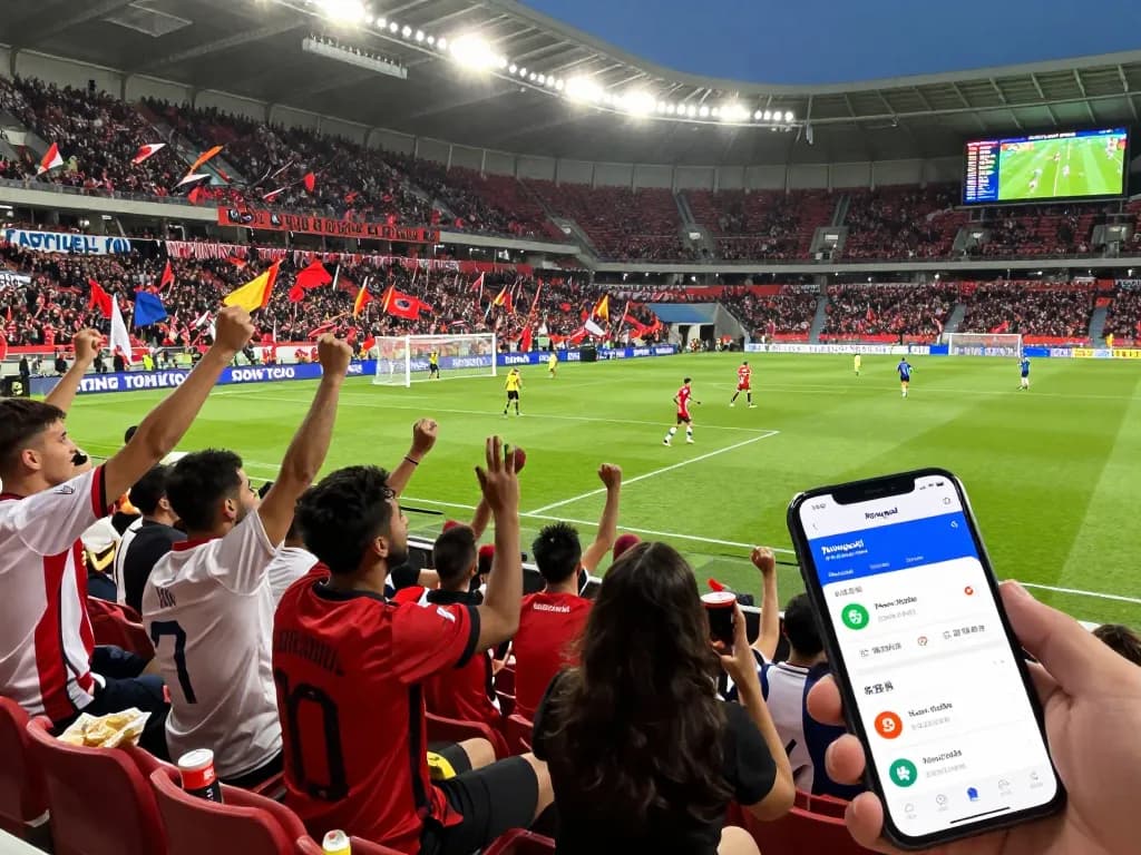 Exciting football match atmosphere with fans celebrating live scores on Nowgoal.