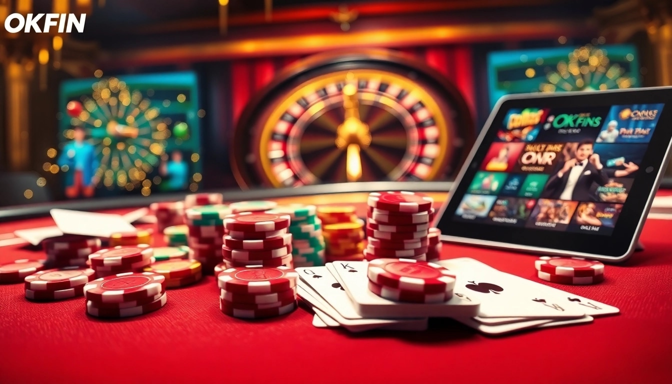 Engaging casino experience with OKFUN branding featuring poker chips and roulette wheel.