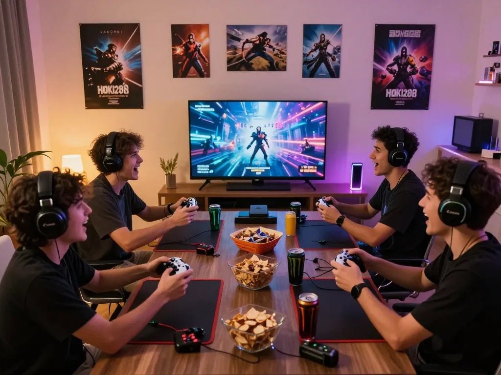 Engaging scene of friends playing HOKI288 online game in cozy living room with neon lights.