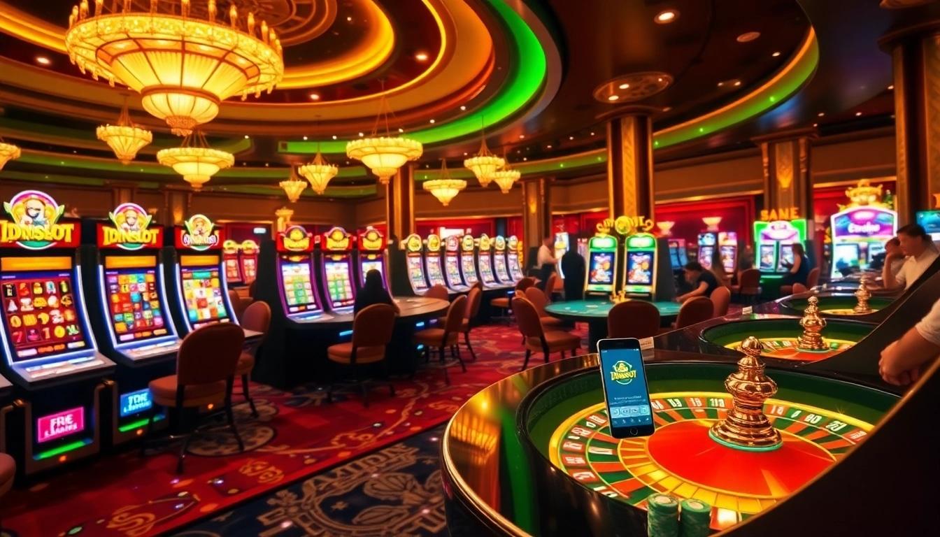 Guests engaged in immersive idnslot gaming at a luxurious casino filled with vibrant slot machines and tables.