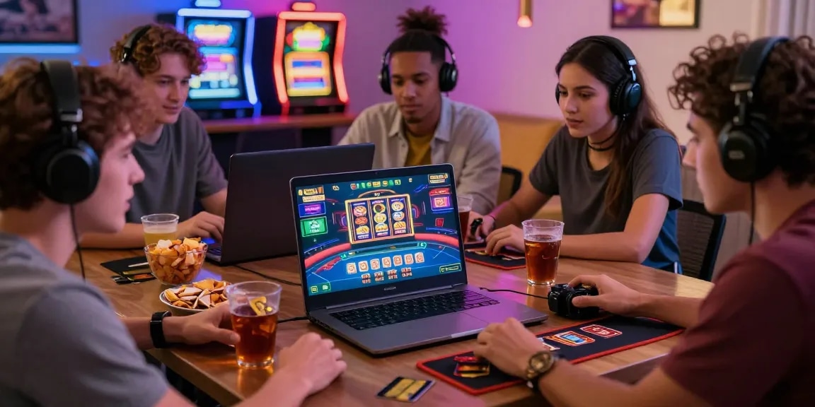 Group enjoying live gaming at a credit card casino, surrounded by snacks and vibrant graphics.