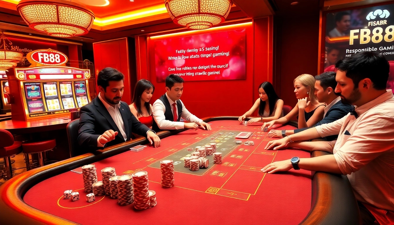 Players enjoying the excitement of FB88 poker at a luxurious casino table, highlighting strategic gaming.