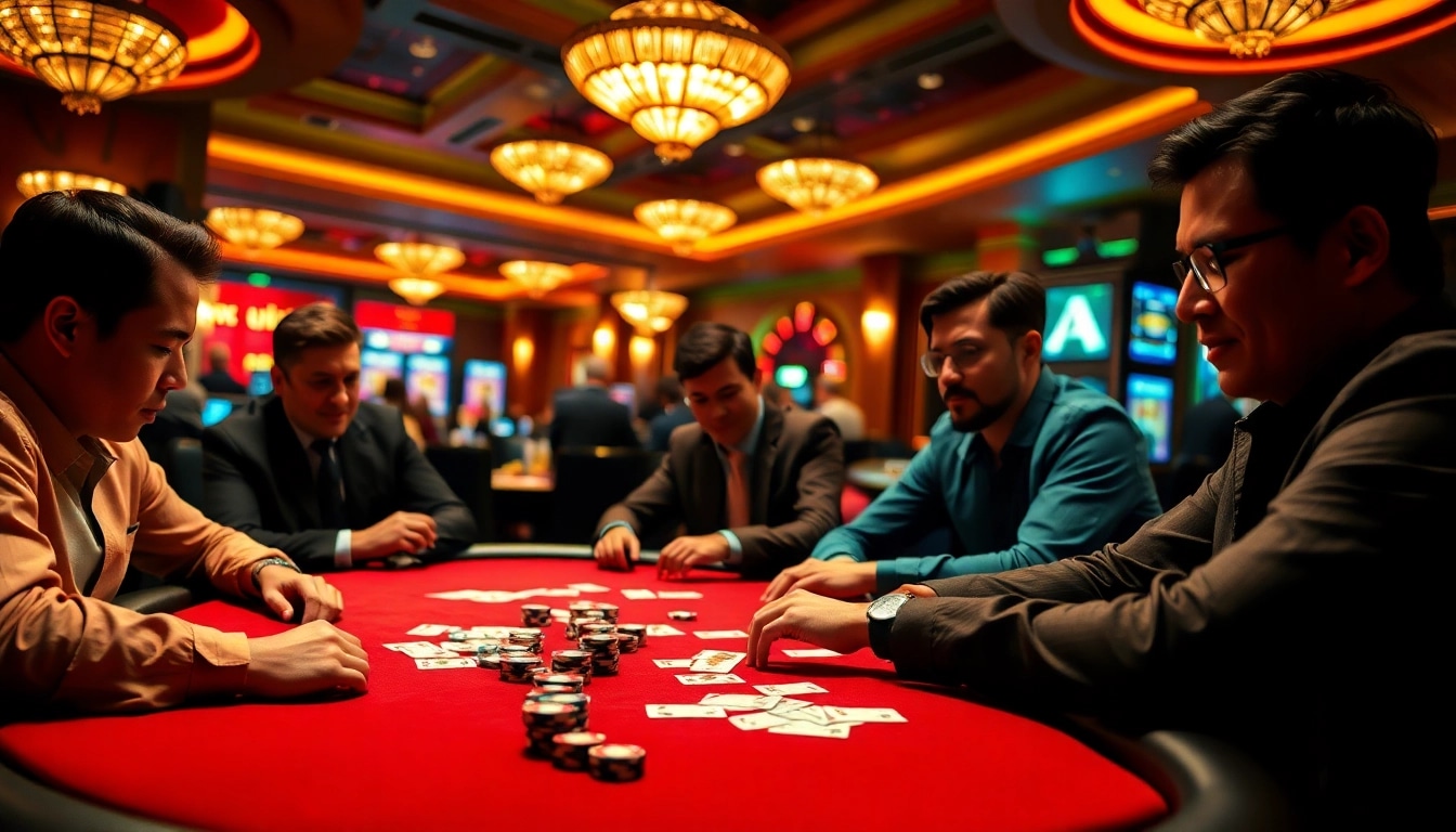 Main poker online table with intense players focused on their cards in a bustling casino.