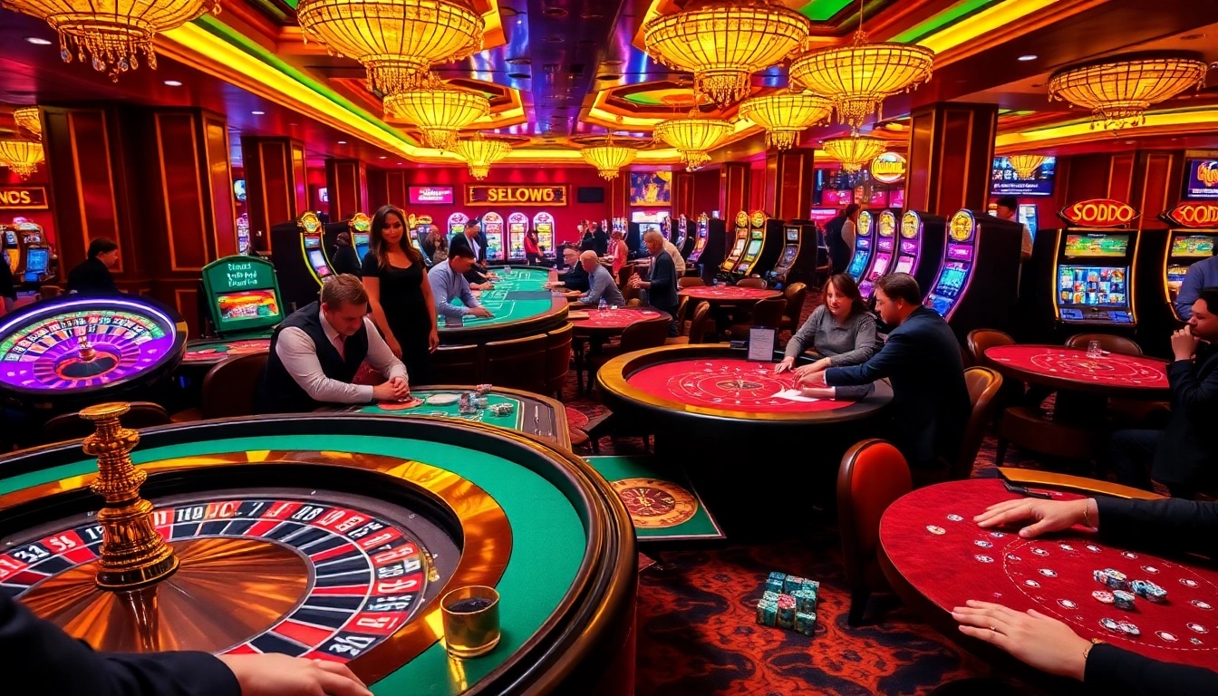 Experience the excitement of SODO Casino with players engaged at glamorous gaming tables.