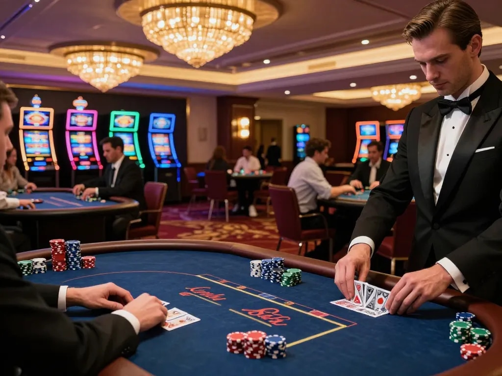 Players engaging in strategic poker gameplay at MMOO casino under warm chandelier lighting.