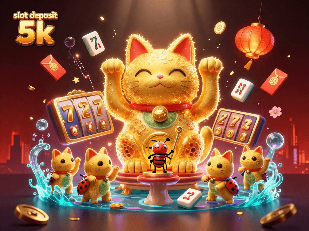 Engage in slot deposit 5k with a lucky cat and vibrant casino elements in this colorful 3D illustration.
