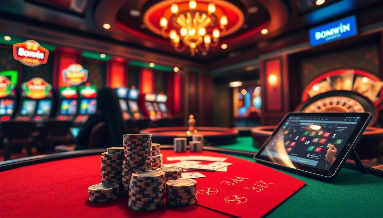 Experience thrilling gaming with Bomwin at an elegant casino featuring poker tables, vibrant slot machines, and roulette.