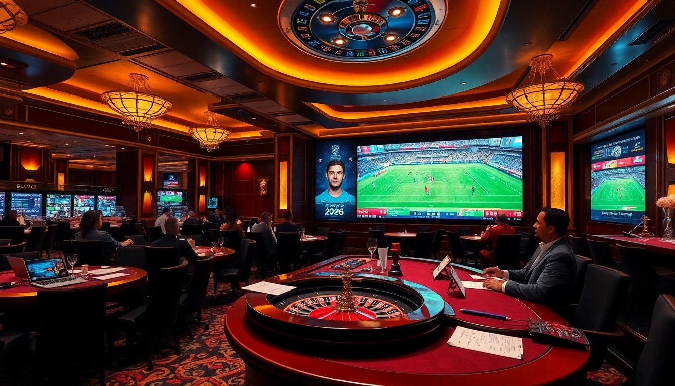 Betting excitement captured in a luxurious casino setting for Judi Bola Piala Dunia.