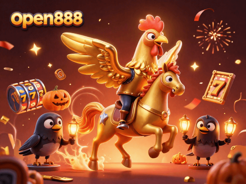 Experience the enchanting world of open888 with a golden rooster riding a spectral horse in a vibrant casino.