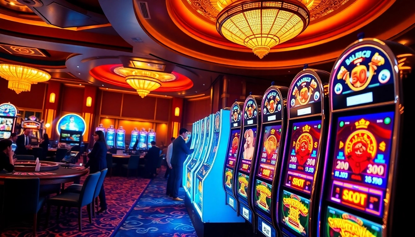 Pemain menikmati pengalaman mendebarkan 'datukwin alternatif' pada mesin slot di sebuah kasino yang ramai.