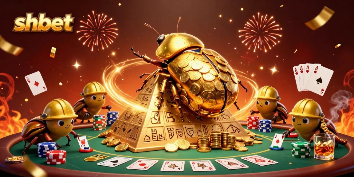 Experience the excitement of shbet with a dynamic 3D scene featuring a golden dung beetle rolling coins, poker elements, and celebration!