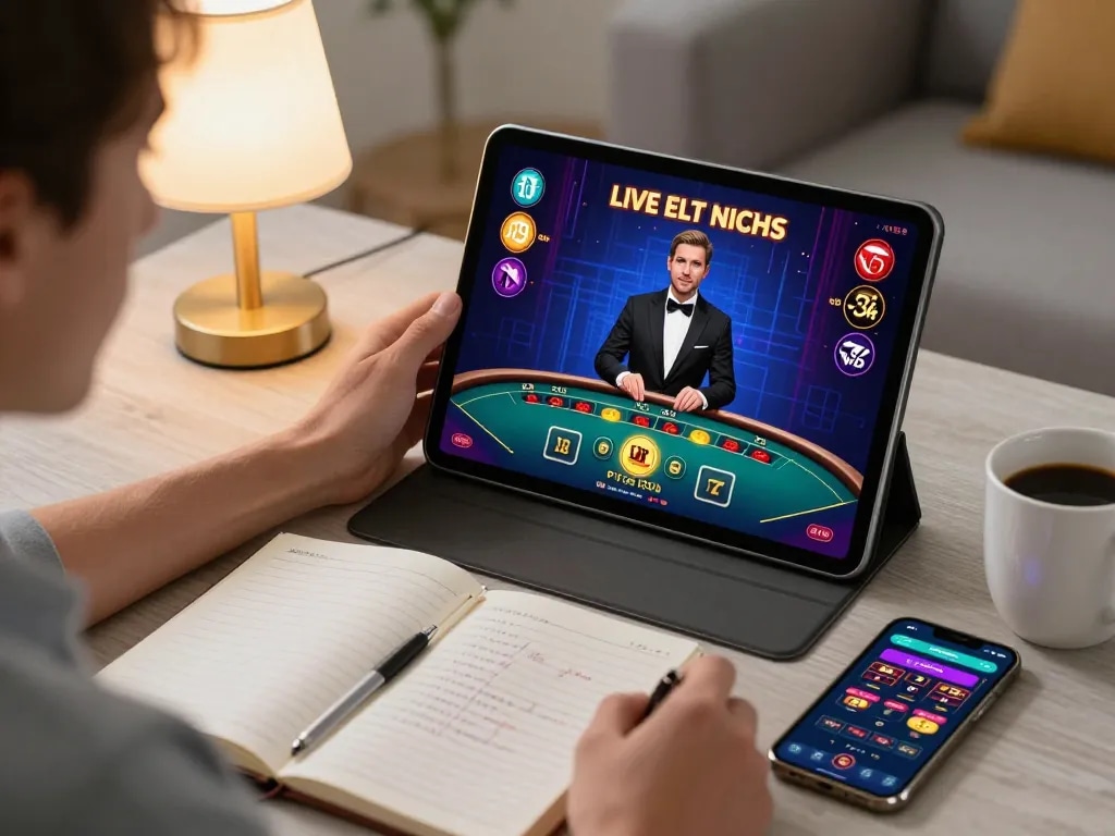 F8BET player engaging with live dealer casino on tablet in cozy home environment