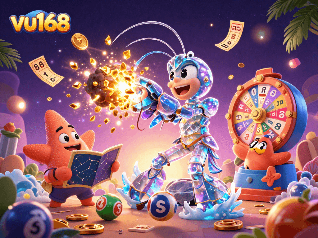 vu168 showcases a dynamic scene with a galactic samurai and starfish navigating the vibrant gambling universe.