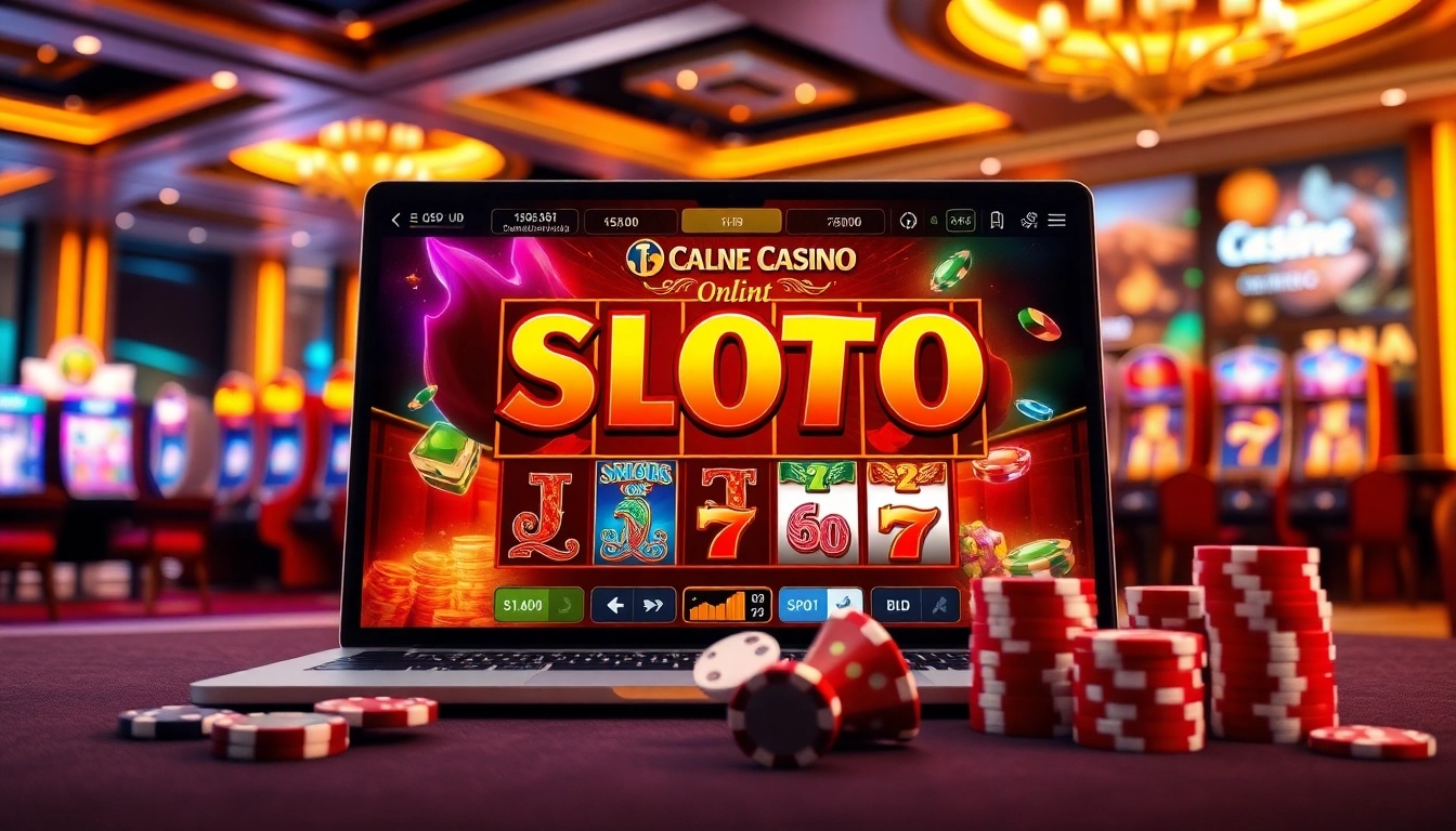 Engaging situs slot demo showcasing vibrant slot games in a luxurious online casino setting.