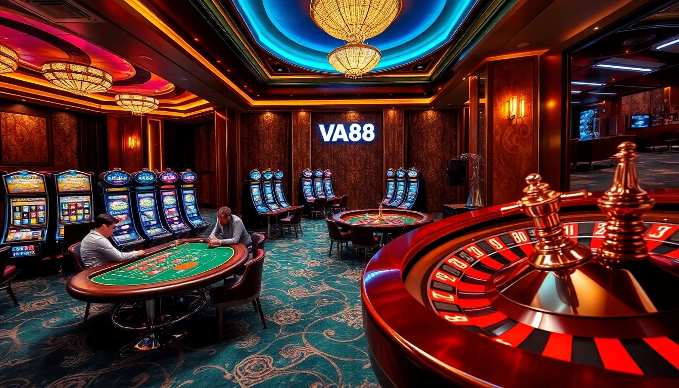 Exciting gambling scene at VA88 casino with poker tables, slot machines, and roulette wheels.