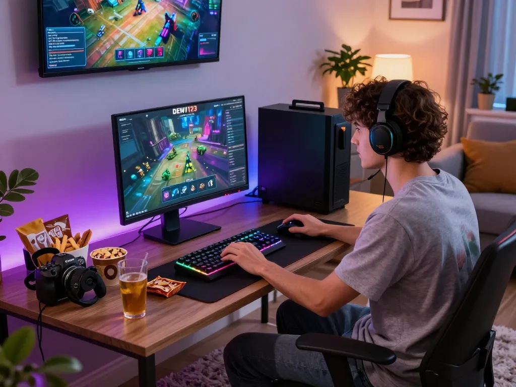 Gamer experiencing DEWI123 mobile app with snacks, cozy atmosphere, and dynamic RGB setup.
