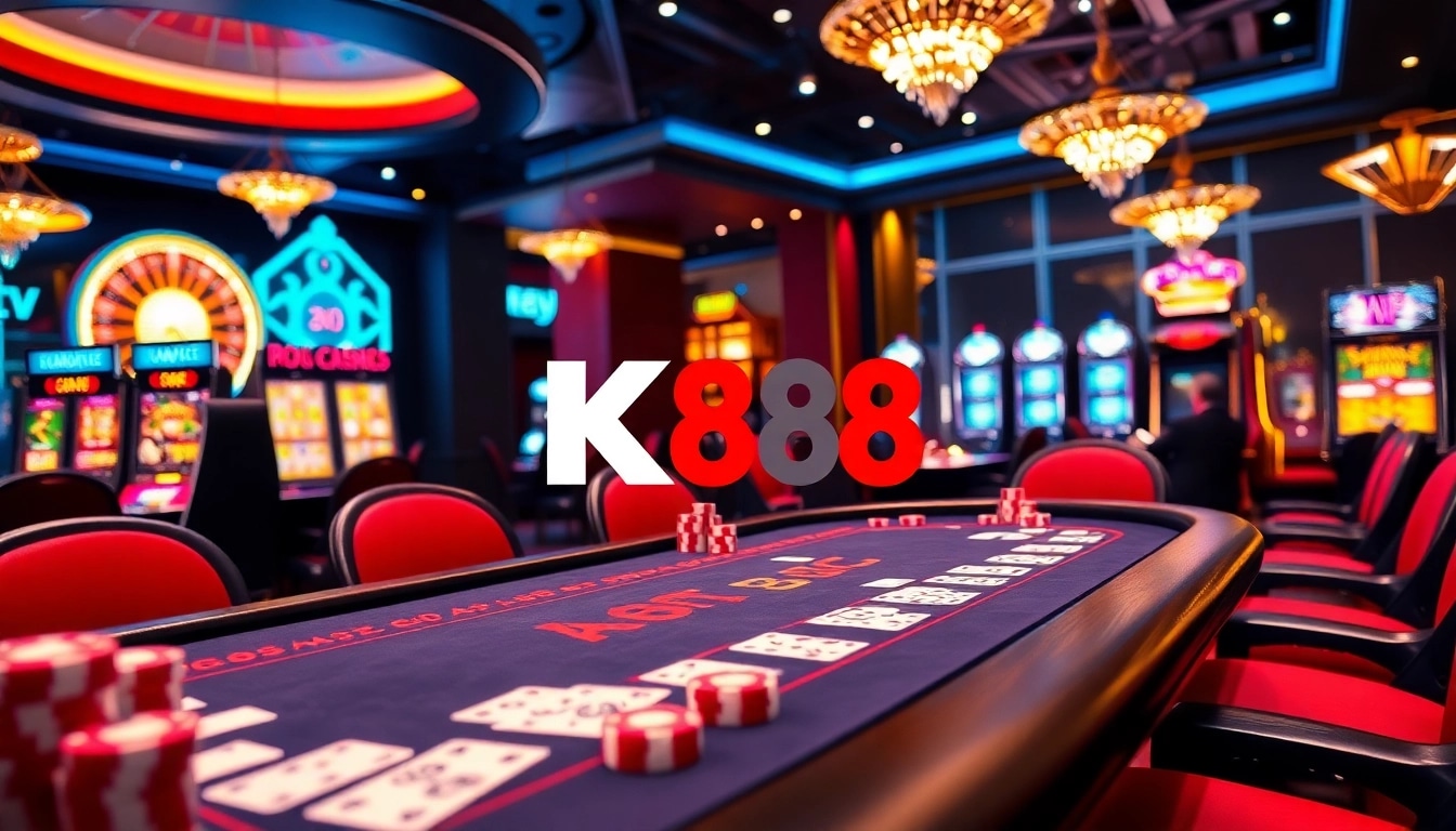 K88 casino table featuring vibrant chips, cards, and a roulette wheel in an elegant setting.