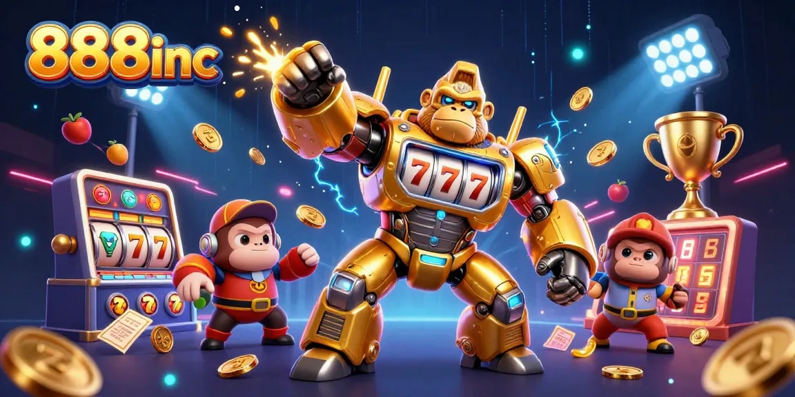 Engage with 888inc's dynamic gaming experience featuring a golden gorilla mech and slot elements.