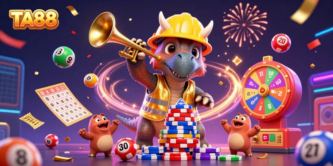 Experience the thrill of TA88 with a lively illustration of a triceratops celebrating a poker victory.