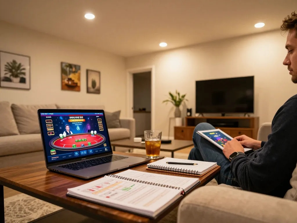 Player engaging in online poker on open 88 platform in comfortable home setting