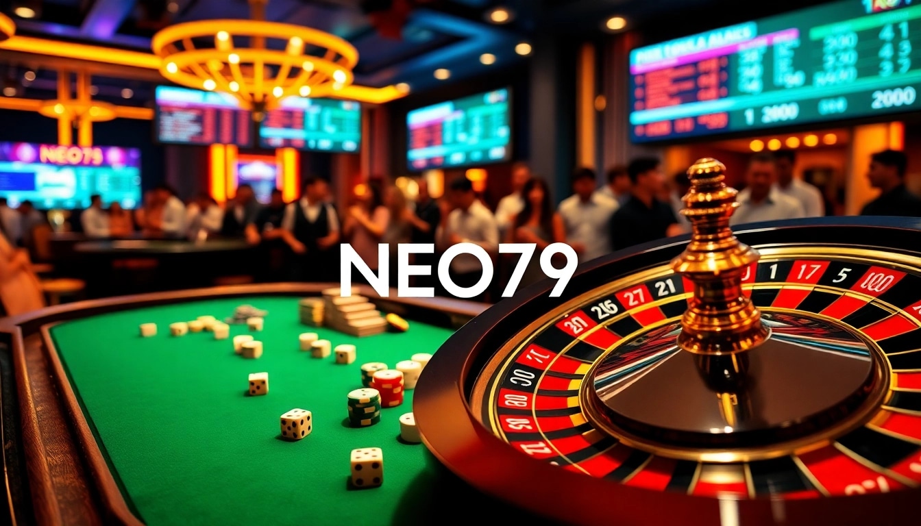 Exciting casino gaming scene featuring NEO79 elements with poker chips and roulette wheel.