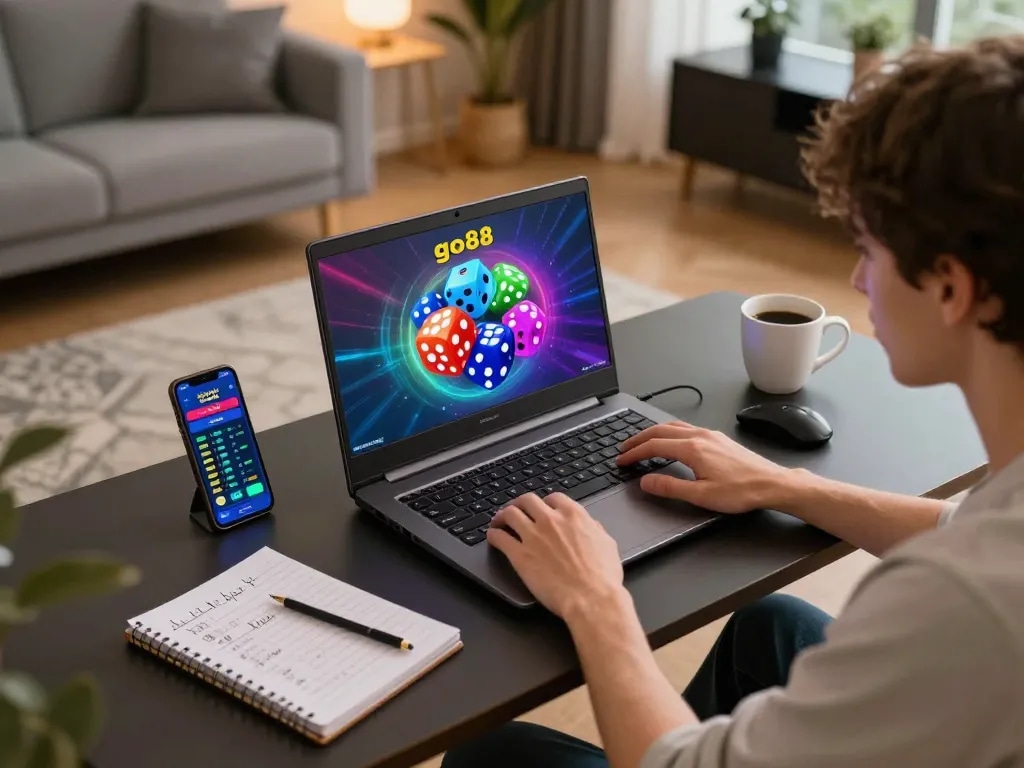 Engaging in go88 tài xỉu gameplay on a laptop, showcasing a modern gaming setup with strategic notes nearby