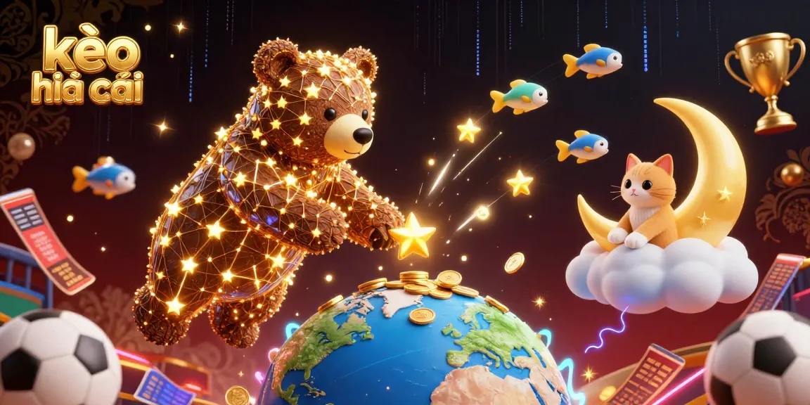 Experience thrilling kèo nhà cái sports betting with a dynamic 3D scene of sports elements and playful characters.
