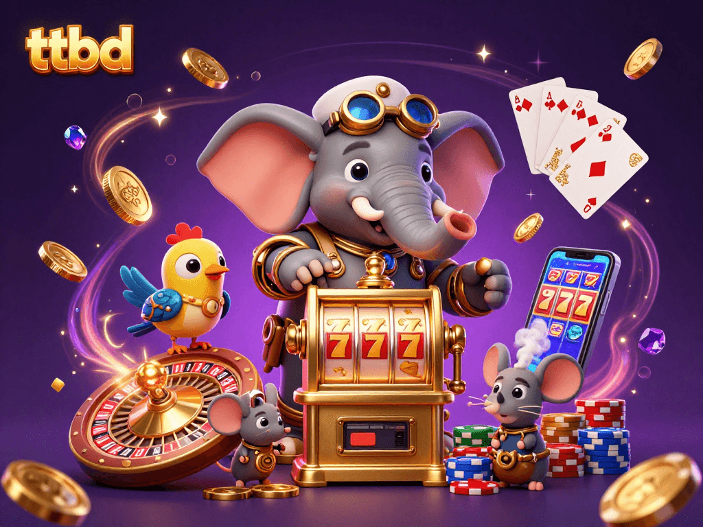 Engage in ttbd with a steampunk elephant engineer operating a slot machine, surrounded by casino elements.