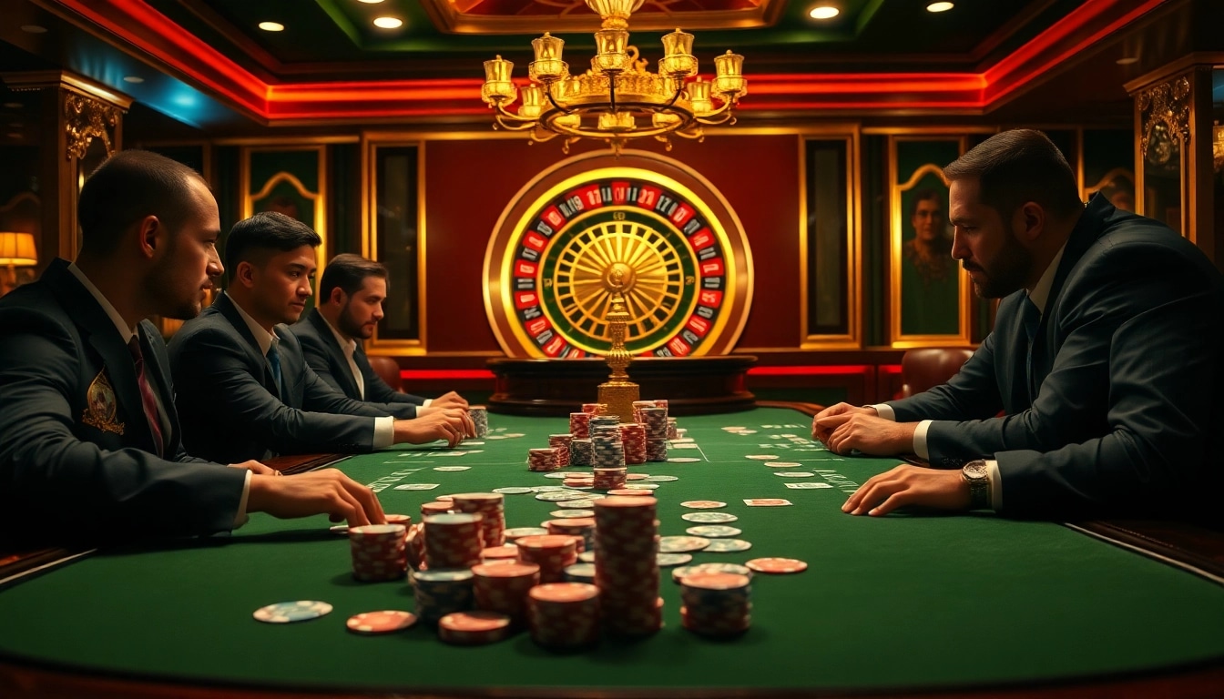 Engaged poker players at a glamorous casino table featuring king garuda138 branded chips and cards.