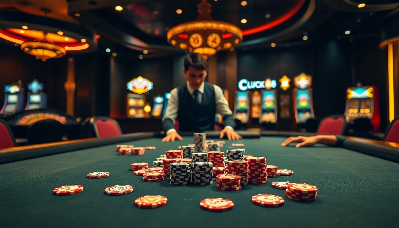 LUCK8 poker chips and cards on an elegant casino table surrounded by glowing slot machines.