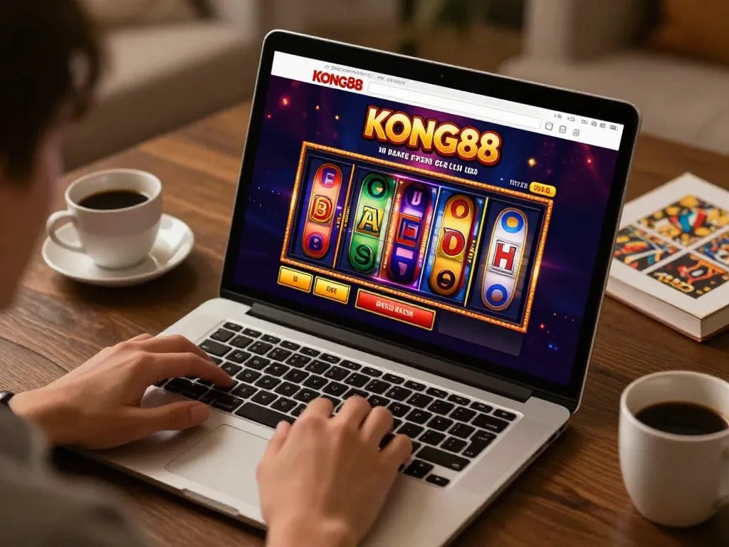 KONG88 user spinning reels on an engaging online slot game in a cozy home setting.