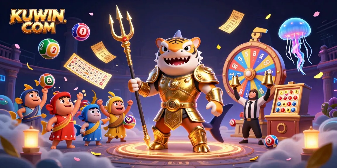 Engage with thrilling games and jackpots at KUWIN. COM, featuring dynamic lottery balls and an underwater colosseum scene.