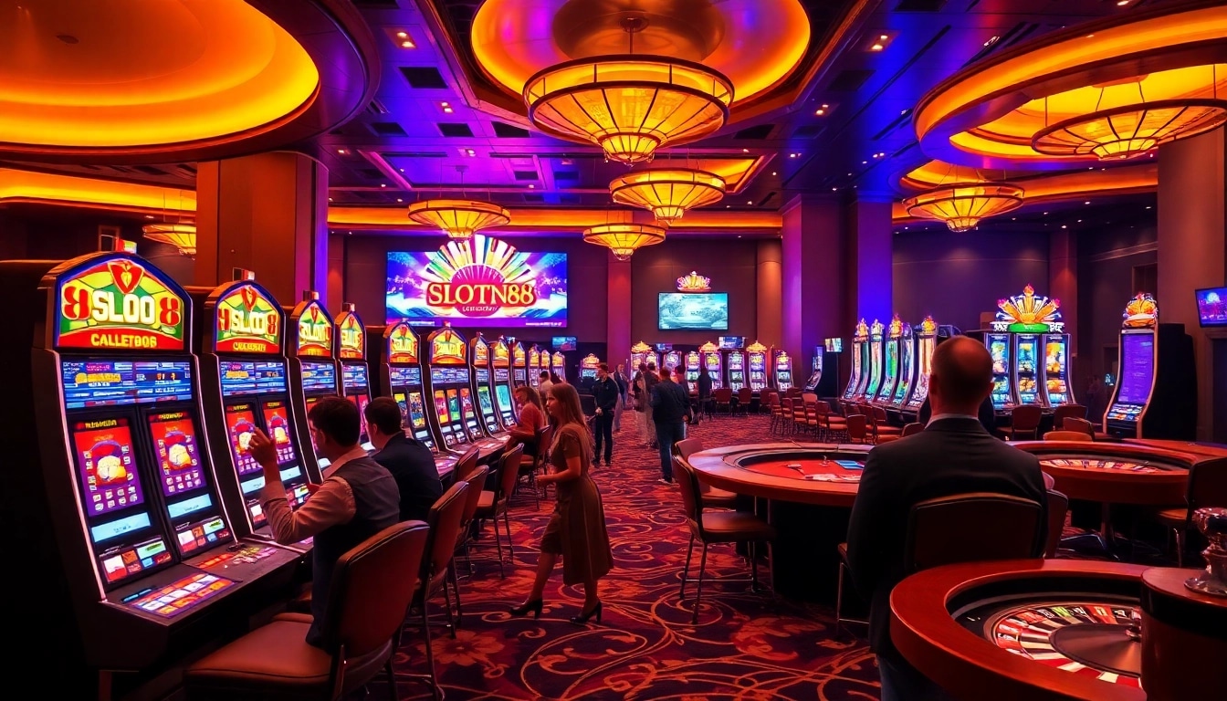 Pemain yang terlibat menikmati permainan slot88 di atmosfer kasino yang penuh warna dan kegembiraan.