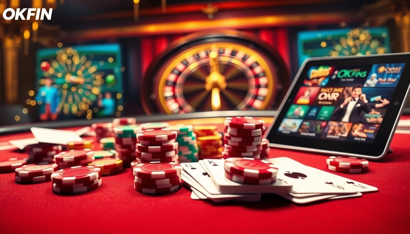 Engaging casino experience with OKFUN branding featuring poker chips and roulette wheel.