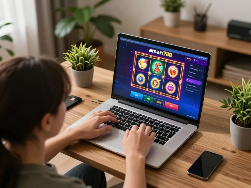 Pemain menikmati pengalaman bermain yang mendebarkan di aman788, fokus pada gulungan slot yang berputar dan strategi.