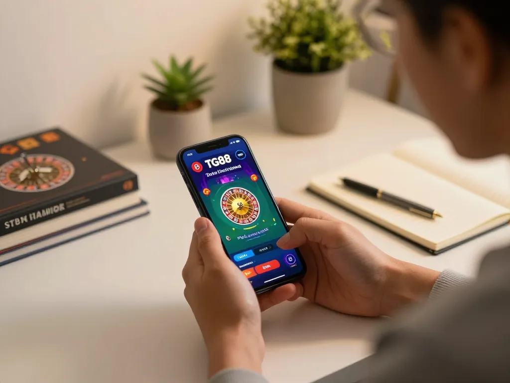 Player enjoying the TG88 casino app, engaging with a roulette game on their smartphone in a cozy home setting