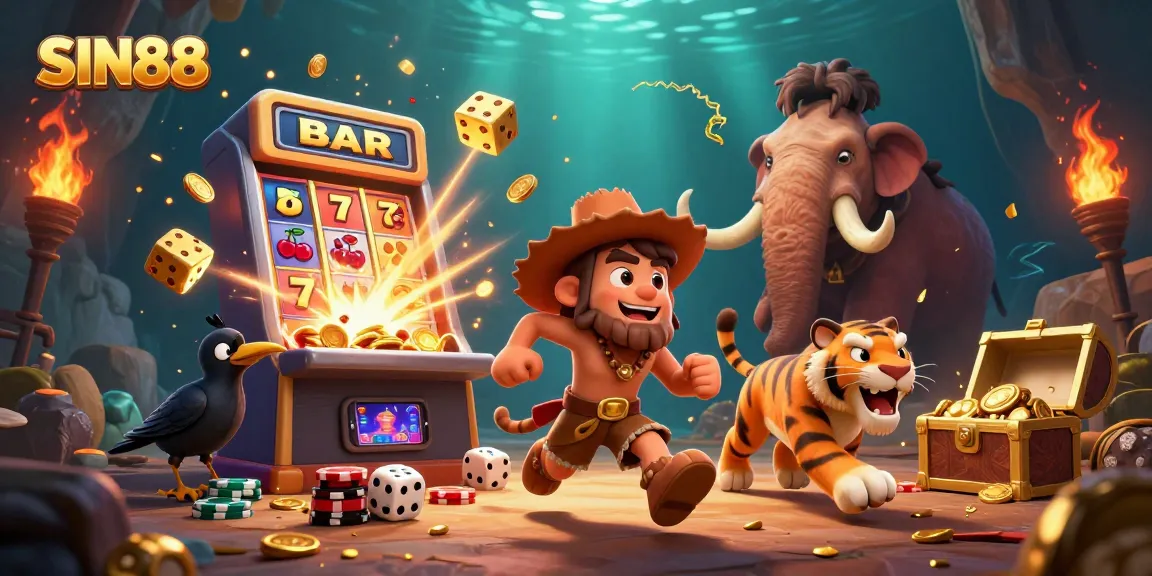 SIN88 launches exhilarating gameplay with a vibrant 3D casino scene featuring a caveman duo.