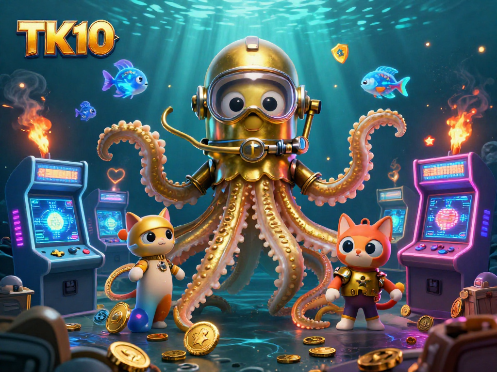 Experience exciting gameplay at TK10 with a colossal kraken and diving cat in an action-packed ocean scene.
