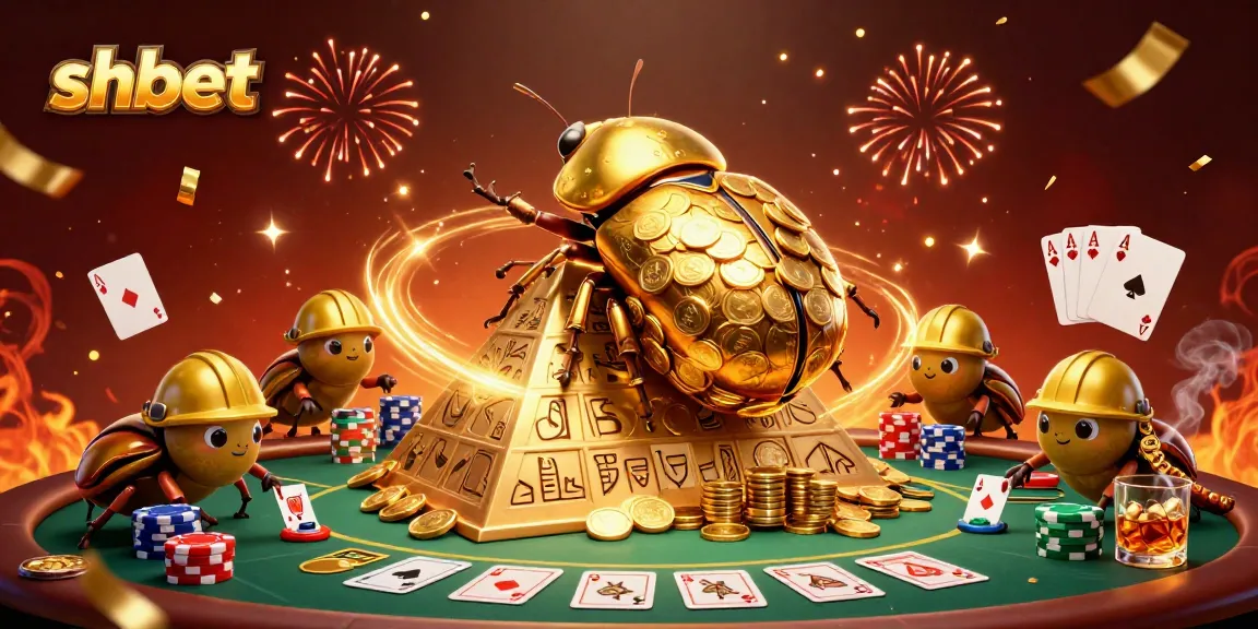 Experience the excitement of shbet with a dynamic 3D scene featuring a golden dung beetle rolling coins, poker elements, and celebration!