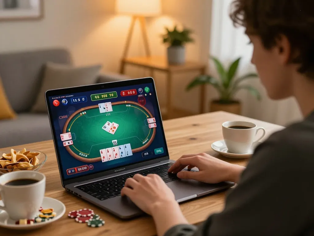 Pemain menggunakan laptop untuk poker di https://burtonsbamboogarden.com/biop/ yang menampilkan suasana permainan online dengan camilan dan catatan strategi.