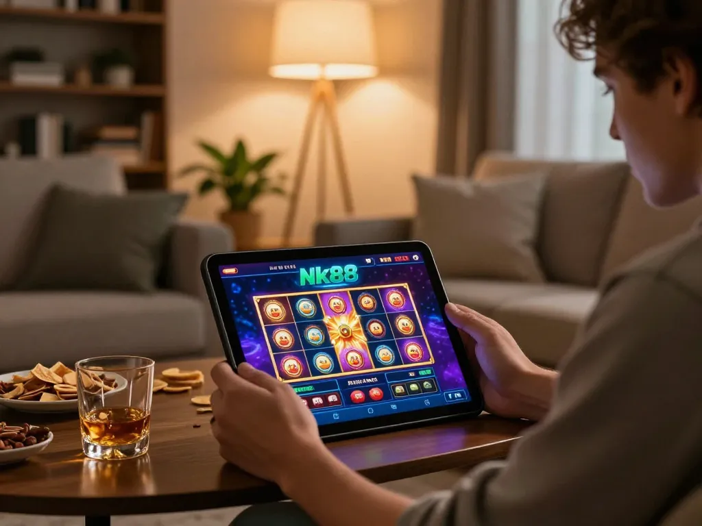 Player engaging with Nk88 gaming platform in a cozy living room setting, emphasizing online gambling.