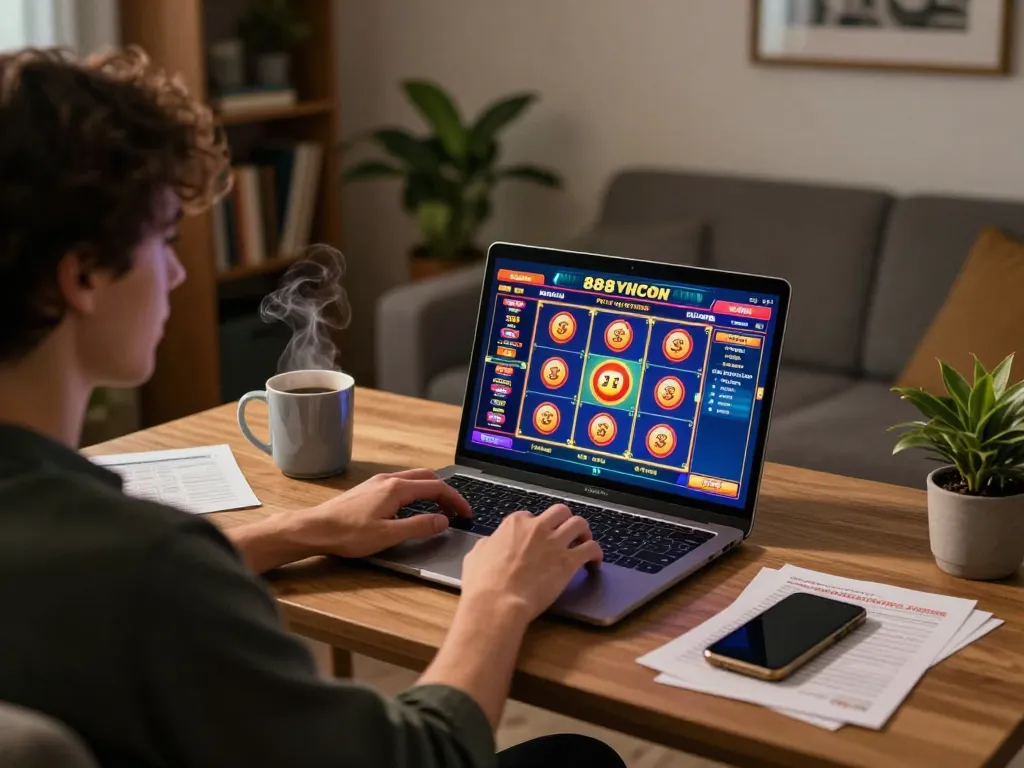 Engaged player enjoying online slots on 888VI COM in a cozy home office environment.
