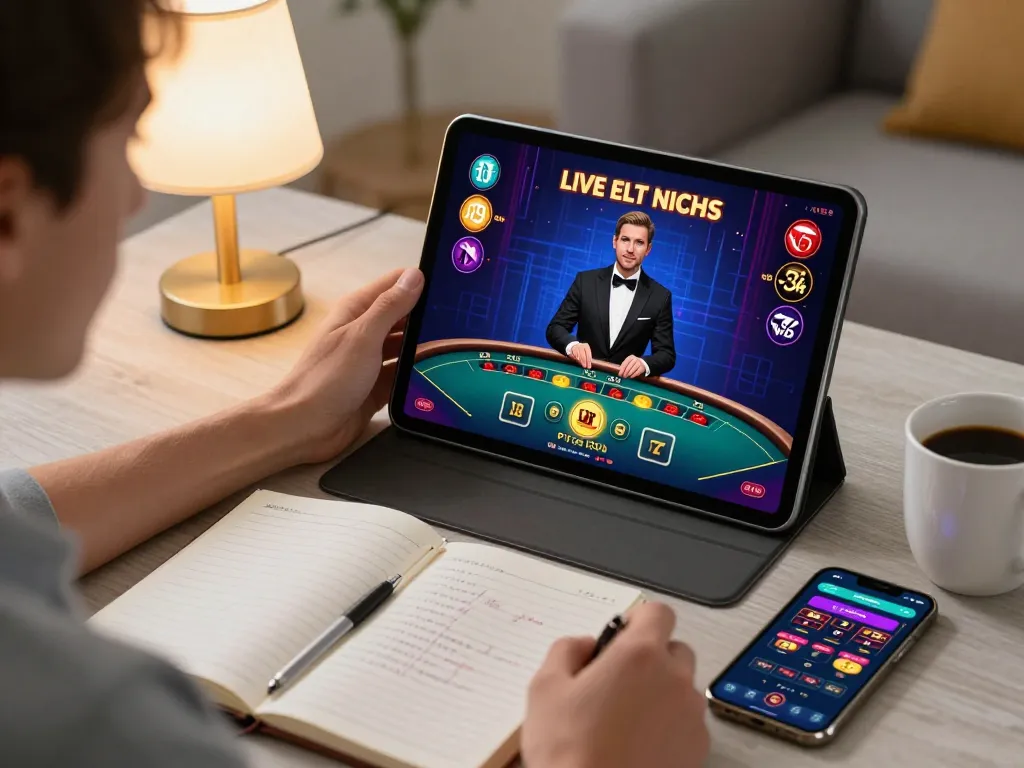 F8BET player engaging with live dealer casino on tablet in cozy home environment