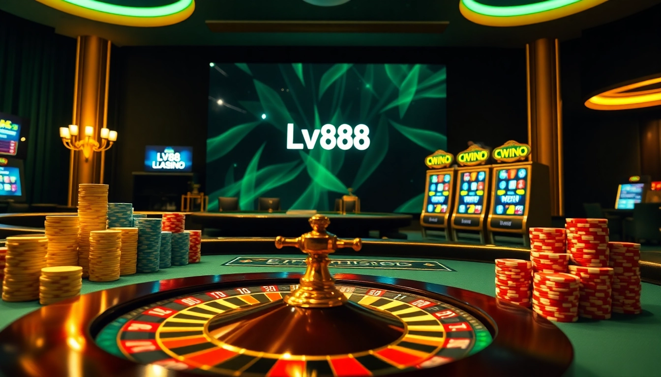 Experience thrilling online gambling at https://lv88.ltd/ with casino tables, roulette wheels, and vibrant poker chips.
